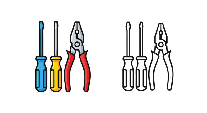 Illustration of tools: two screwdrivers and a pair of pliers.