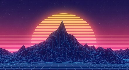 Retro synthwave landscape with mountains and sunset in 80s style