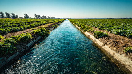 Irrigation canal flowing between agricultural fields under a clear blue sky on a sunny day