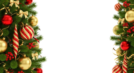 Christmas tree border frame with festive decoration ornament and bow isolated on transparent background for holiday greeting card design