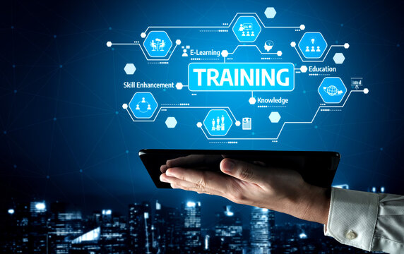 A hand holding a tablet displays a vibrant digital training interface in a city skyline background, symbolizing modern education and skill enhancement through e-learning. Tessel