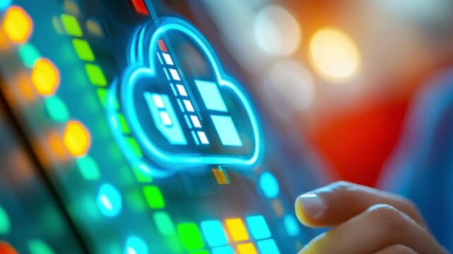 Cloud Computing and Data Technology: A close-up view of a hand interacting with a vibrant cloud computing interface, symbolizing modern technological advancements.