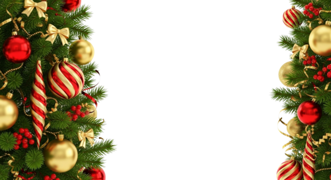 Christmas tree border frame with festive decoration ornament and bow isolated on transparent background for holiday greeting card design