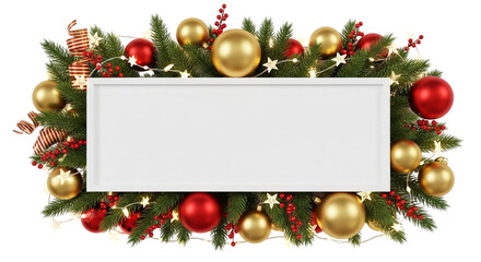 Festive christmas garland border with red and gold baubles surrounding a blank white rectangular sign for holiday message or copy space, isolated on transparent background