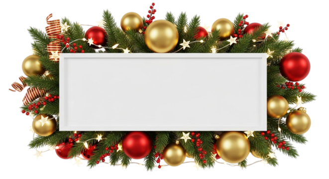 Festive christmas garland border with red and gold baubles surrounding a blank white rectangular sign for holiday message or copy space, isolated on transparent background