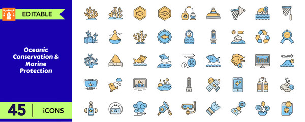 Fototapeta premium Oceanic conservation and marine protection thin line icon set with coral reefs, aquatic life, underwater research, pollution prevention, and sustainable fishing for preserving marine ecosystems