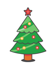 Fototapeta premium Cartoon Christmas tree with red ornaments and star