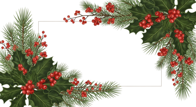 Festive corner frame border design with realistic green pine branch, holly leaf, and bright red berry cluster for christmas holiday greeting card isolated on transparent background