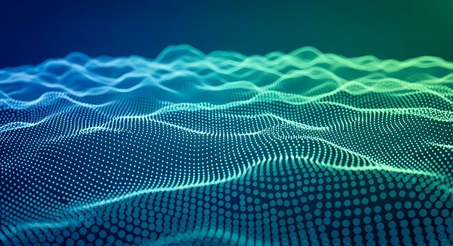 Abstract digital landscape with blue and green glowing particle waves