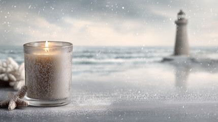 The scene shows a candle with a bright flame and starfish on a surface next to a cold sea with a lighthouse. Snowflakes fall lightly in the distance creating a Winter mood