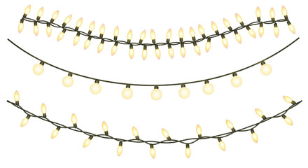 Set of three strings of warm white glowing incandescent holiday light bulbs on a black wire, isolated on transparent background
