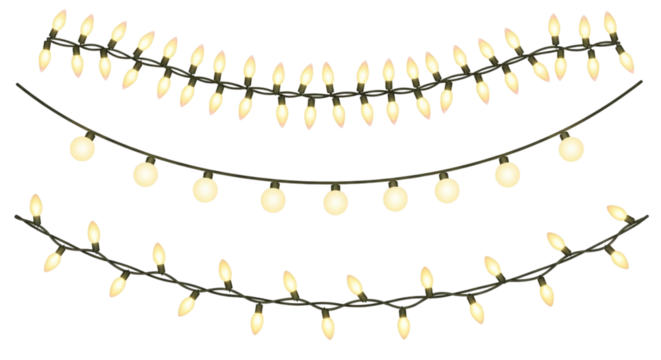 Set of three strings of warm white glowing incandescent holiday light bulbs on a black wire, isolated on transparent background