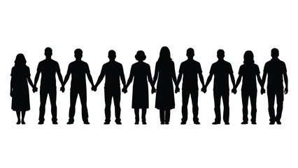 Diverse People Silhouettes Holding Hands Vector Illustration. Group Standing in Line Symbolizing Unity, Community, and Teamwork on White Background.