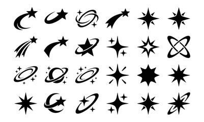 Collection of Sparkling Starbursts and Swirling Galaxy Icons on a White Background