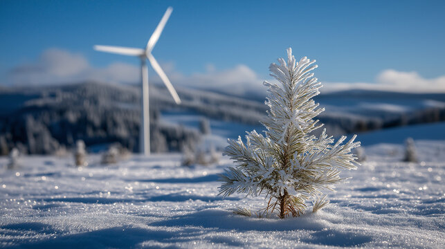 A frosted pine sapling stands in the foreground, with a snow covered landscape and a wind turbine spinning in the distance under a clear blue sky - Powered by Adobe