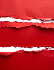 Red torn paper strips revealing white background, abstract texture.