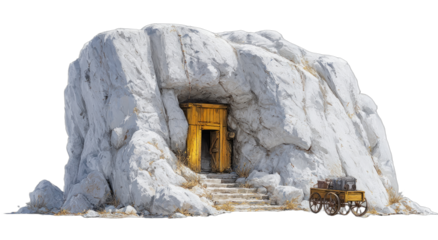A digitally painted cave entrance, possibly for an ancient tomb. A cart sits near steps