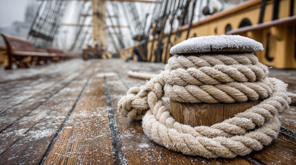 A thick rope is coiled around a bollard on the snow dusted deck of a tall ship. The scene evokes a sense of serene isolation and the crisp beauty of winter