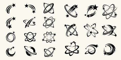 Collection of Star Trail Graphic Elements in Black and White for Design and Decoration