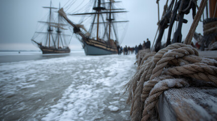 Classic sailing vessels sit on ice in Plymouth, Massachusetts. Ropes, covered in frost, are in the foreground, suggesting arrival to the new world
