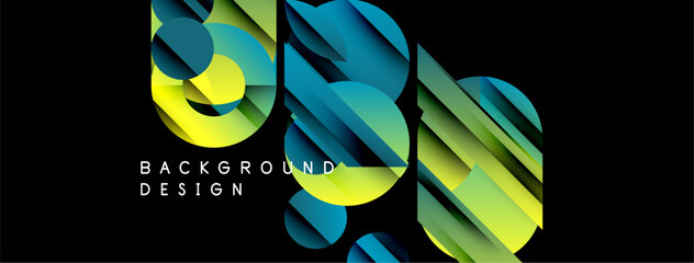 Abstract geometric shapes overlap, creating vibrant gradients. Yellows, blues, greens dominate dark background. Modern design element.