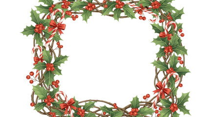 Christmas holly frame with candy canes and red bows on black