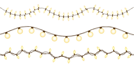 Three different strings of warm glowing yellow fairy lights or string lights isolated on transparent background for holiday decoration design element