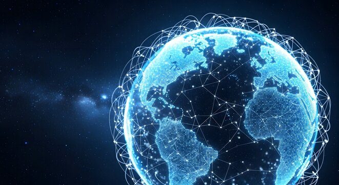 Digital earth globe with glowing network connectivity in deep space