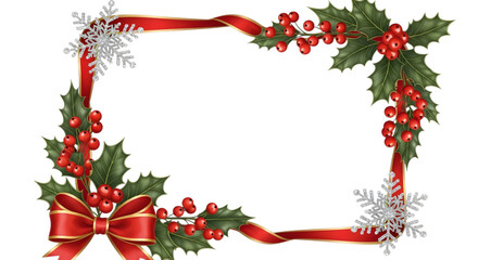 Festive christmas frame with holly berries red ribbon and snowflakes on black