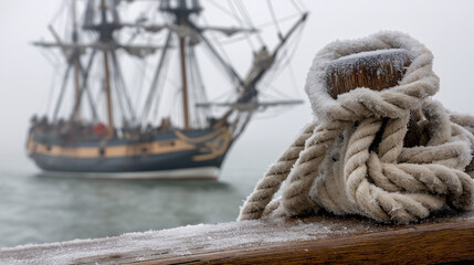 Obraz premium An old sailing ship sits in a frigid harbor, obscured by winter fog. A rope-tied piling covered in frost sits in the foreground, emphasizing the cold