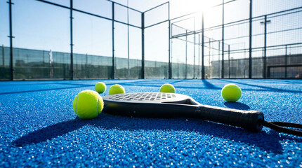 Padel tennis racket and fluorescent yellow balls on a vibrant blue artificial turf court with glass walls under bright sunlight