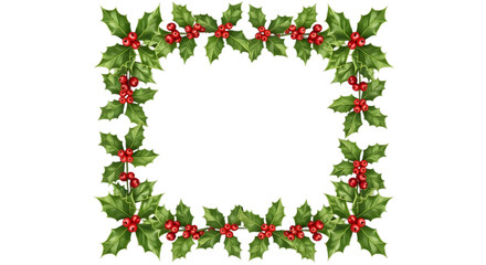 Festive holly berry frame border with green leaves on black background