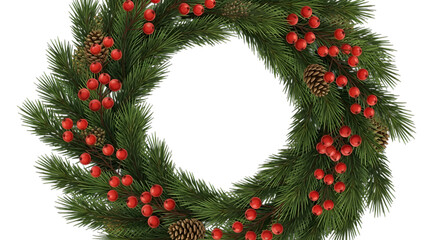 Festive christmas wreath with pine branches red berries and pinecones on black