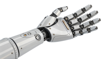 Modern mechanical robotic arm and open hand made of glossy silver metal, symbolizing artificial intelligence isolated on transparent background
