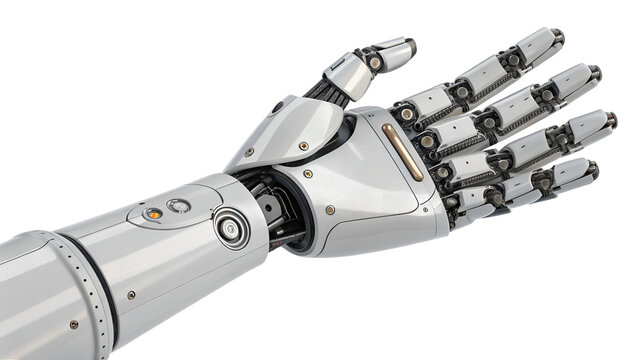 Modern mechanical robotic arm and open hand made of glossy silver metal, symbolizing artificial intelligence isolated on transparent background