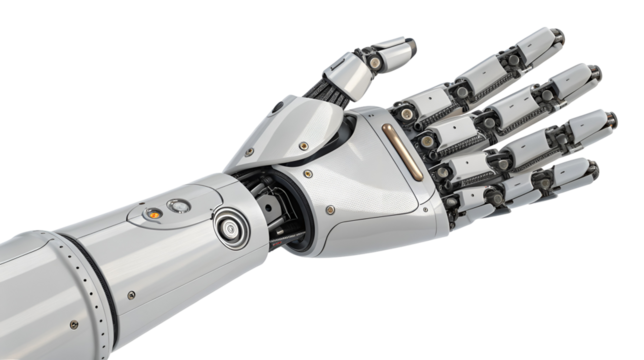 Modern mechanical robotic arm and open hand made of glossy silver metal, symbolizing artificial intelligence isolated on transparent background