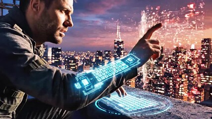 A man on a rooftop interacts with a digital interface overlaid on a city - Powered by Adobe
