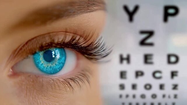 Eye Exam Clarity: An close-up view of a vibrant blue eye, framed by lush lashes, set against a classic eye chart backdrop, emphasizing health and optical wellness. 