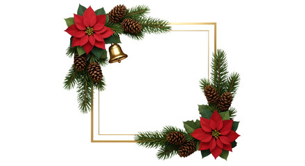 Elegant christmas frame with poinsettias pine cones and golden accents on black