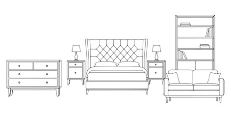 CAD Drawings. Front view furniture &mdash; bed with headboard, dresser, nightstands, sofa, shelving unit. Vector illustration.