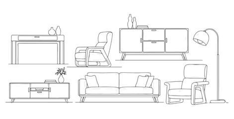 CAD Drawings. Side view of furniture set &mdash; modern sofa, lounge chair, console table, cabinet, lamp. Vector illustration.