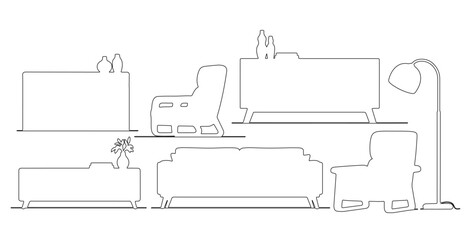 CAD Drawings. Side view of outline furniture set &mdash; modern sofa, lounge chair, console table, cabinet, lamp. Vector illustration.