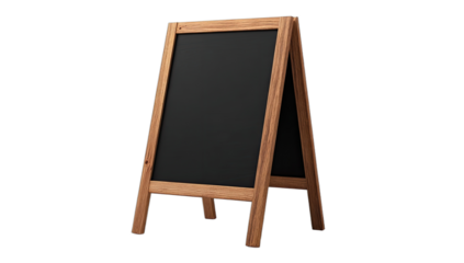 Wooden A-frame easel chalkboard with black writing surface, isolated