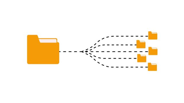 File transfer from folder to folder, copying data on computer on white background. Outline Folder Icon Branching Out to Multiple Smaller Folder Icons. folder structure with documents and data scanning