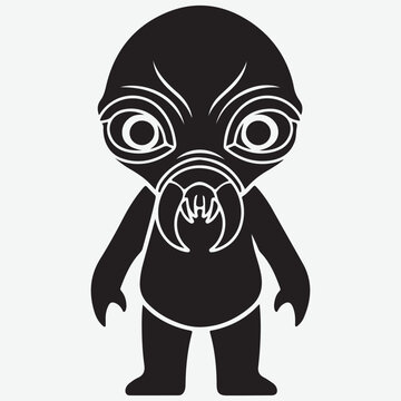 Black and White Cartoon Alien Creature with Large Eyes and Fangs