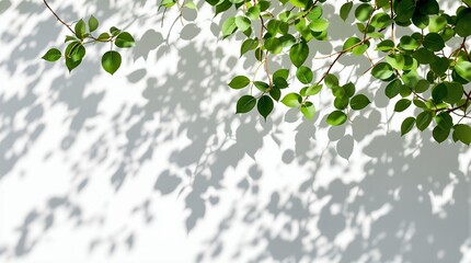 Vibrant Green Leaves and Dynamic Shadows on a Bright White Wall.