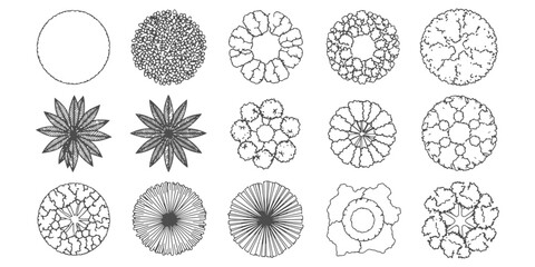 CAD Drawings. Top view of different tress. Vector illustration.