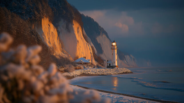 A winter coastal scene depicts a lighthouse standing sentinel near snow-covered cliffs. A cozy house nestles nearby, illuminated by gentle, warm light reflecting on the cold, calm water