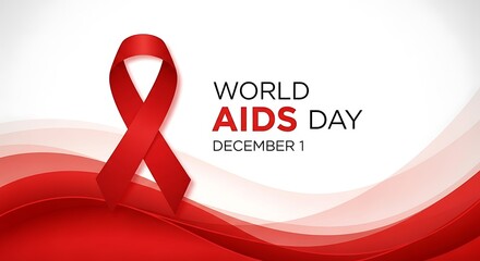 Commemorative red ribbon design representing international solidarity and the fight against a global pandemic on a dynamic background