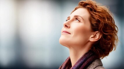 Serene Contemplation: Portrait of a woman looking up with a soft, natural expression, bathed in a gentle, warm light, conveying a sense of inner peace.